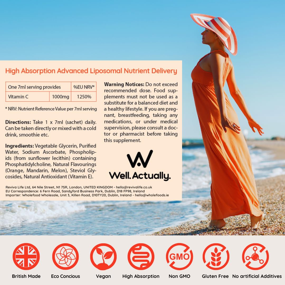 well actually WELL ACTUALLY Liposomal Vitamin C 1000mg Sachets – High Strength Liquid VIT C Supplement - Immune System, Skin, Collagen, Brain & Energy Support - Vegan, 30 Sachets | Orange Twist