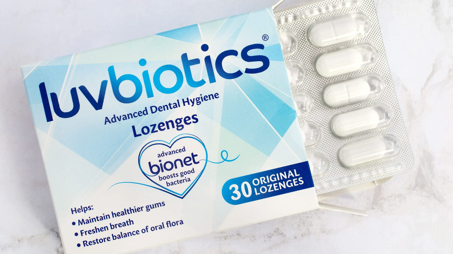 luv biotics Original Lozenges with Probiotics & Xylitol promotes good bacteria for healthy gums, fresh breath & cavity protection. No artificial colours/sweeteners and preservatives. 3 pack of 30's