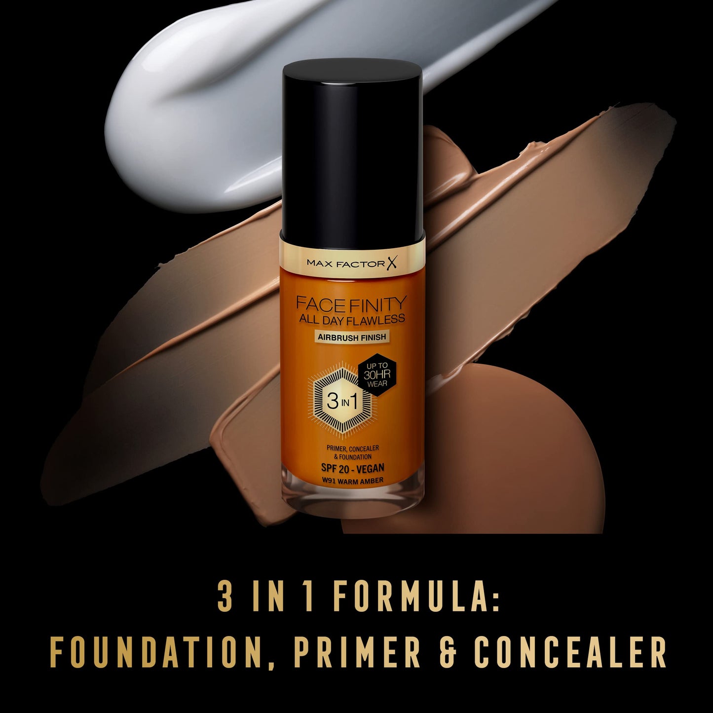 Max Factor Facefinity 3-in-1 All Day Flawless Liquid Foundation, SPF 20 - 91 Warm Amber, 30 ml