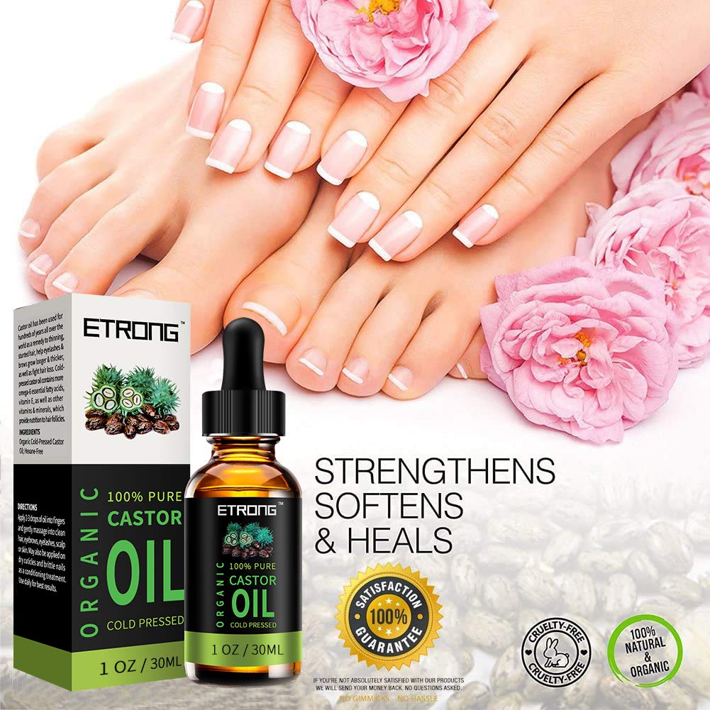 ETRONG Organic Castor Oil,Pure Cold Pressed Castor Oil for Eyebrows,Eyelashes,Hair Growth,Nails,and Skin with 5 Sets of Eyebrow&Eyeliner Brushes (30ml)