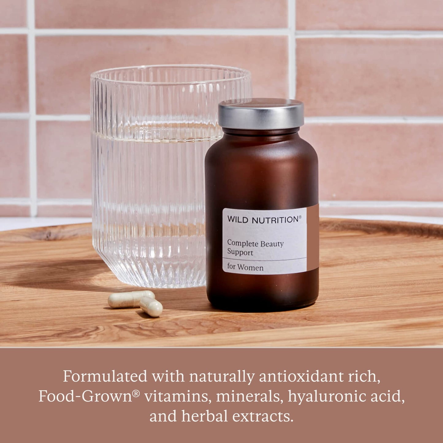 WILD NUTRITION Food-Grown® Complete Beauty Support | Hair Skin and Nails Vitamins for Women | Hyaluronic Acid, Biotin, Vitamin C, Selenium, and Zinc | 60 Capsules