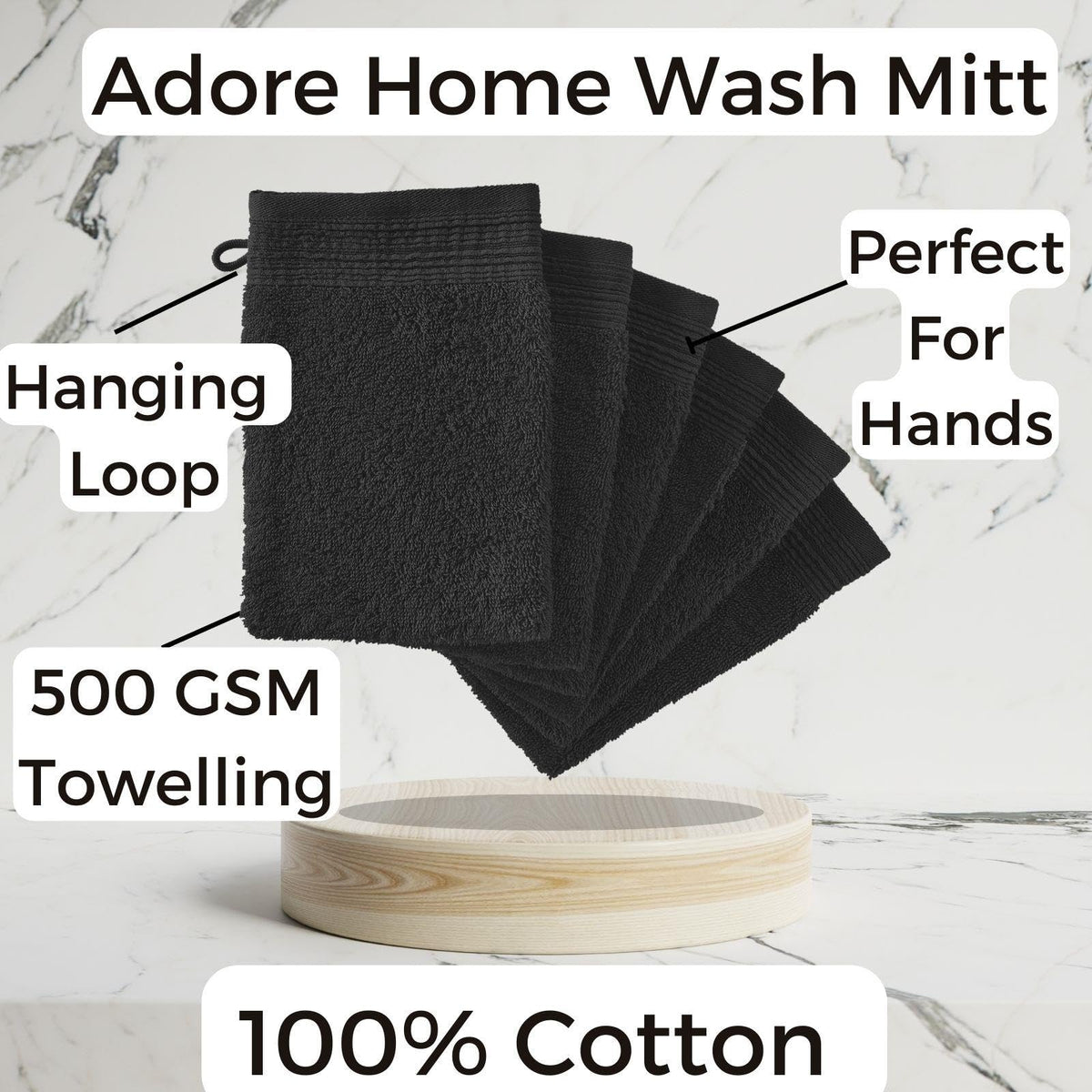 Adore Home 6 x Premium Quality Wash Mitts Absorbent Flannel Face Mitt Body Scrub, Black