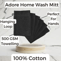 Adore Home 6 x Premium Quality Wash Mitts Absorbent Flannel Face Mitt Body Scrub, Black