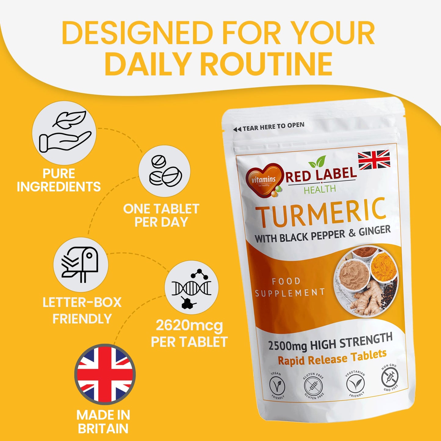 Red Label Health Turmeric Tablets 2620 mg with Black Pepper & Ginger, 200 Count High Strength Curcumin Supplements, Not Turmeric Capsules, Vegan and Gluten Free, UK Made