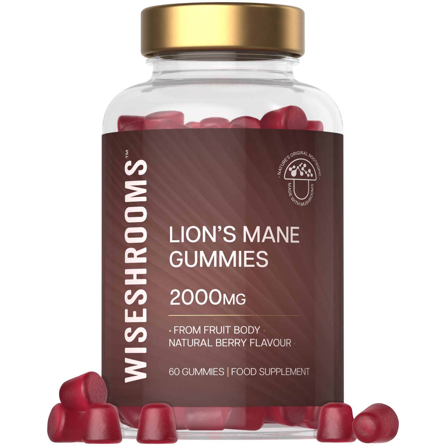 Lions Mane Gummies 60,000mg Per Bottle | High Strength Supplement from Fruit Body | Vegan Mushroom Extract | 1000mg x 60 Natural Berry Flavour Gummies | by Wiseshrooms