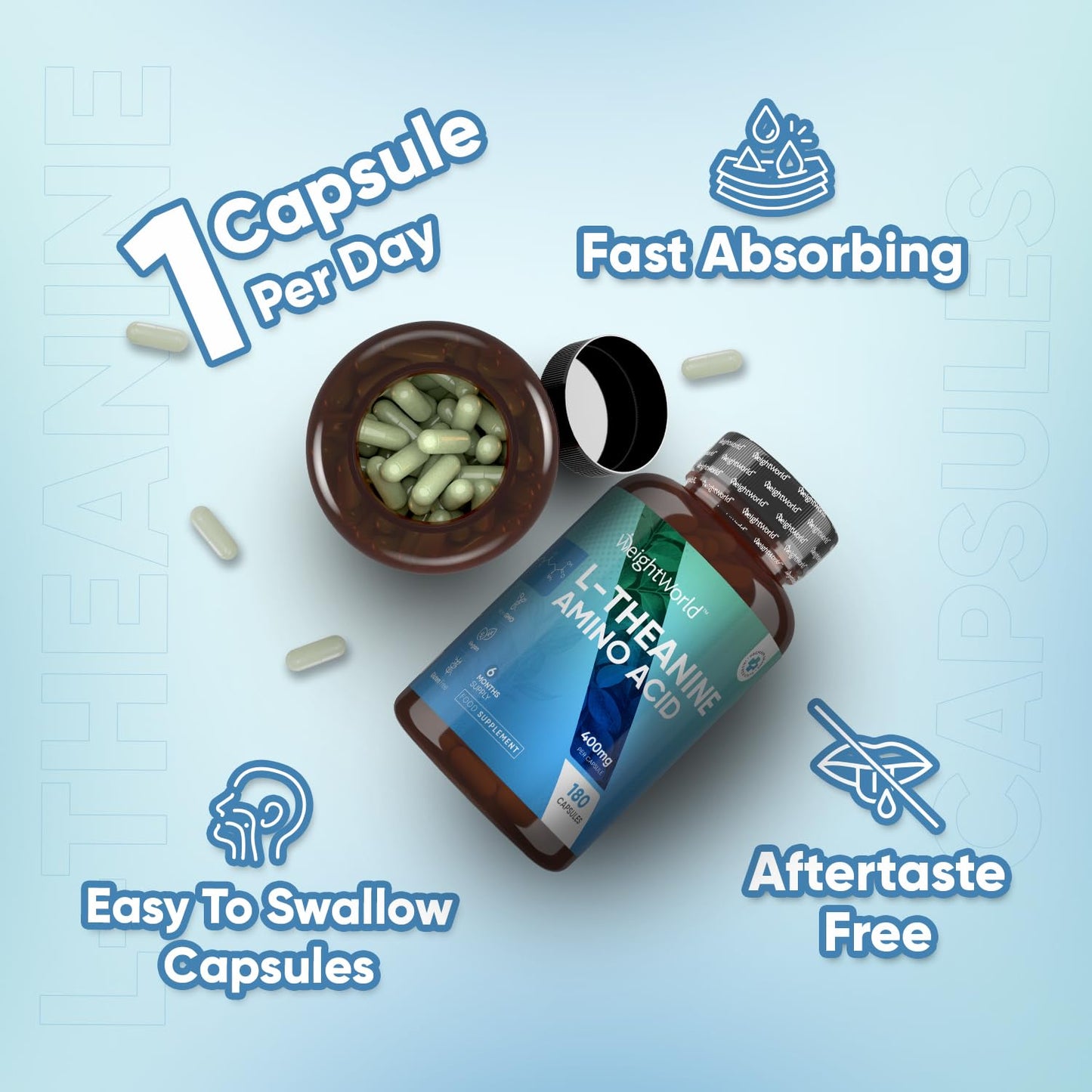 L Theanine 400mg - 6 Months Supply (180 Vegan L Theanine Capsules) - Natural Nootropics Supplements - Alternative to Coffee - High Strength Amino Acid Supplement - One Capsule A Day - Gluten Free