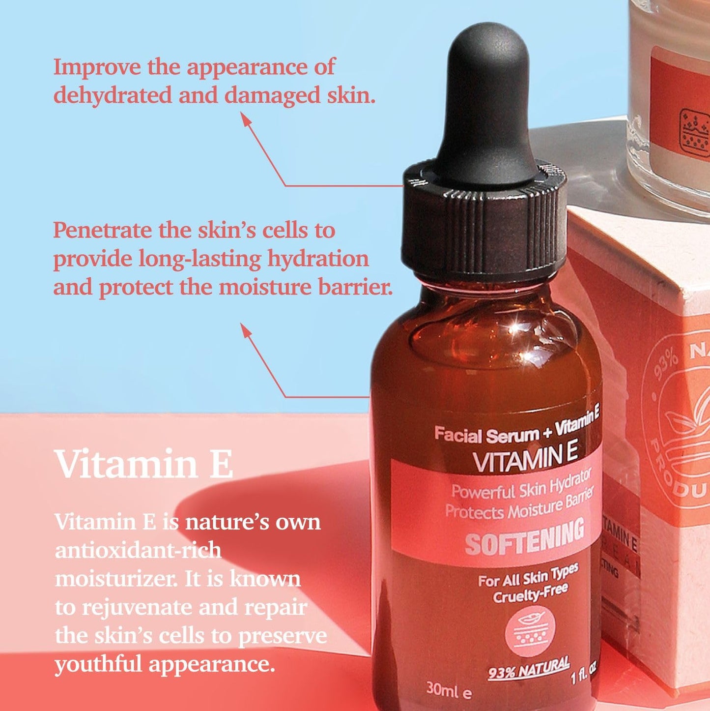 Purifect Softening Vitamin E Facial Serum, Powerful Skin Hydrator Protects Moisture Barrier, Vitamin E Oil Improves Dehydrated and Damaged Skin, Repairs and Moisturises 60ml