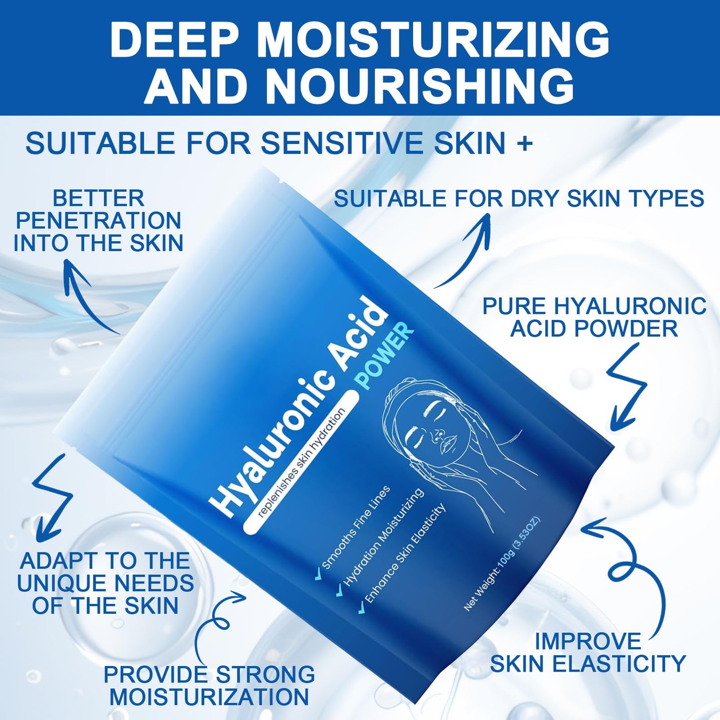 Guegine Hyaluronic Acid Powder for Face, Hyaluronic Acid Powder Organic, Low Molecular Weight, Water-Soluble Moisturizing Ingredients, Deep Hydration, Moisturizing the Skin