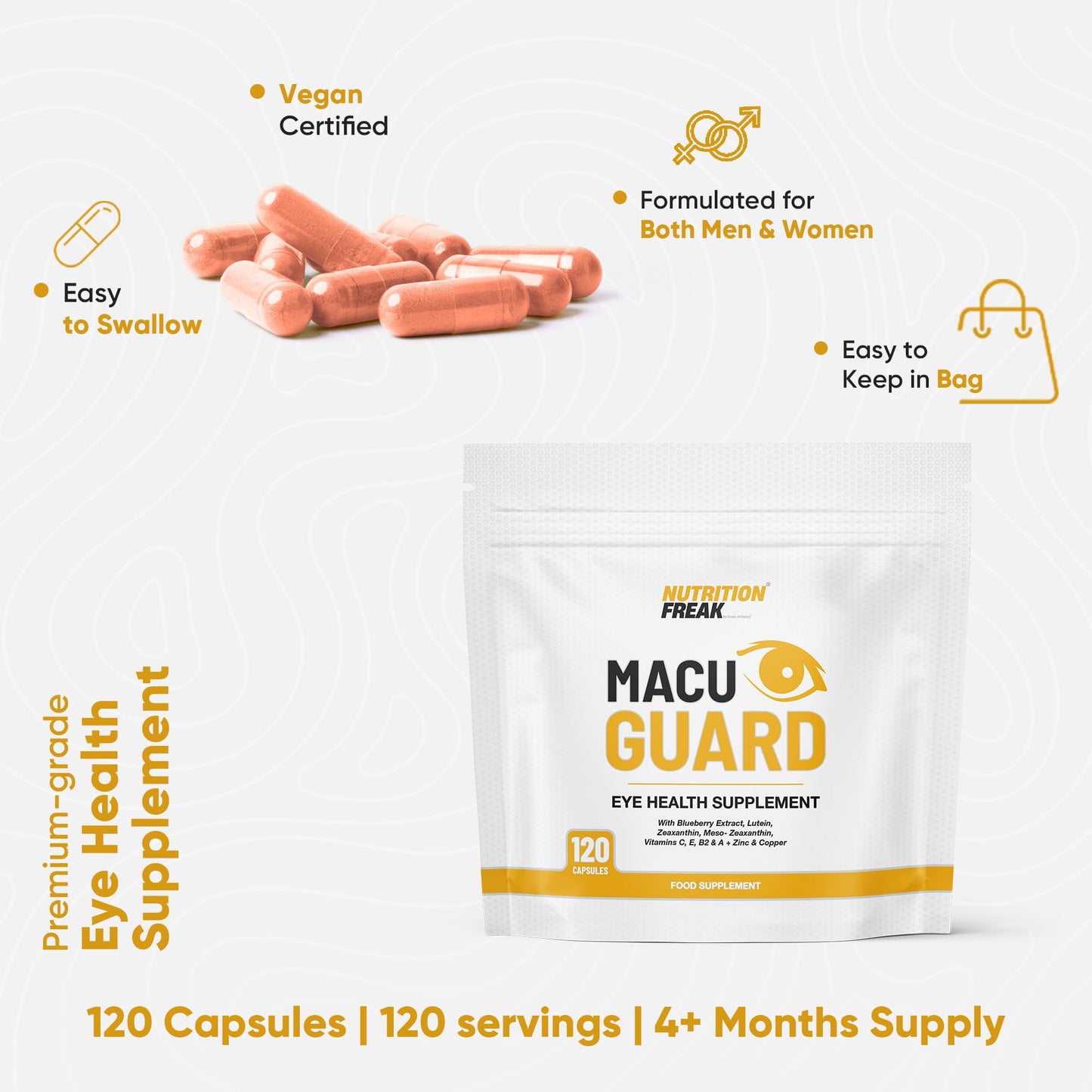 Freak Athletics MacuGuard+ Eye Supplement - 120 Capsules - Zeaxanthin, Meso Zeaxanthin, Lutein, Blueberry Extract Plus Vitamins and Minerals - Premium UK Made