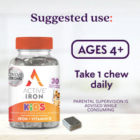 Active Iron Kids Chews, with Iron & Vitamin D, Blackcurrant Flavour, 30 Day Supply