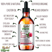 Hydra Naturals 100% Pure - Cold Pressed, Premium Quality, Organic Castor Oil 50ml - Promotes Hair, Eyebrow and Eyelash Growth - Diminishes Wrinkles and Signs of Aging - Hydrates and Nourishes Skin