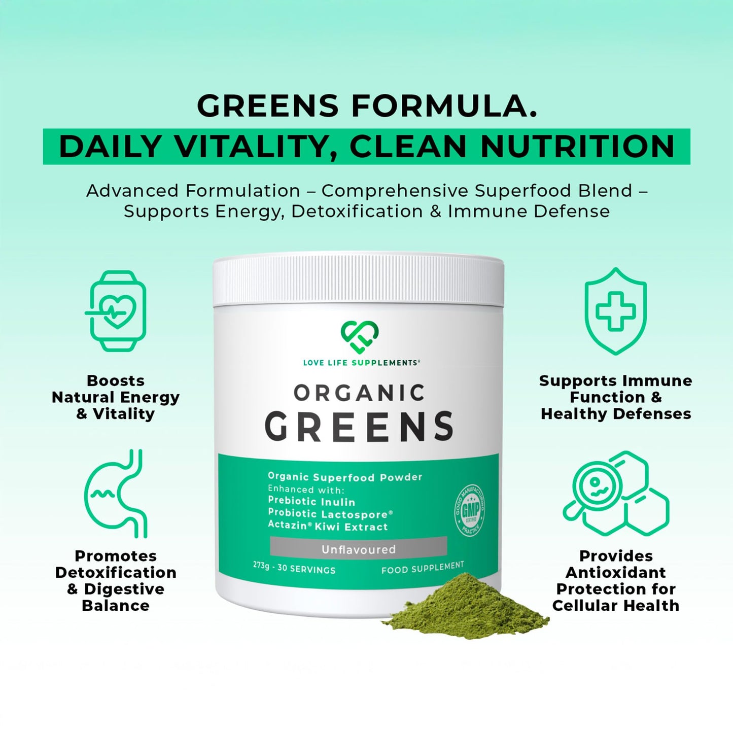 LOVE LIFE SUPPLEMENTS Organic Greens by LLS | 273g - 30 Servings | Unflavoured | Contains 6 Organic Greens - Kale, Spirulina, Spinach, Seagreens, Pea, Chlorella Plus Inulin and Lactospore® | Love Life Supplements