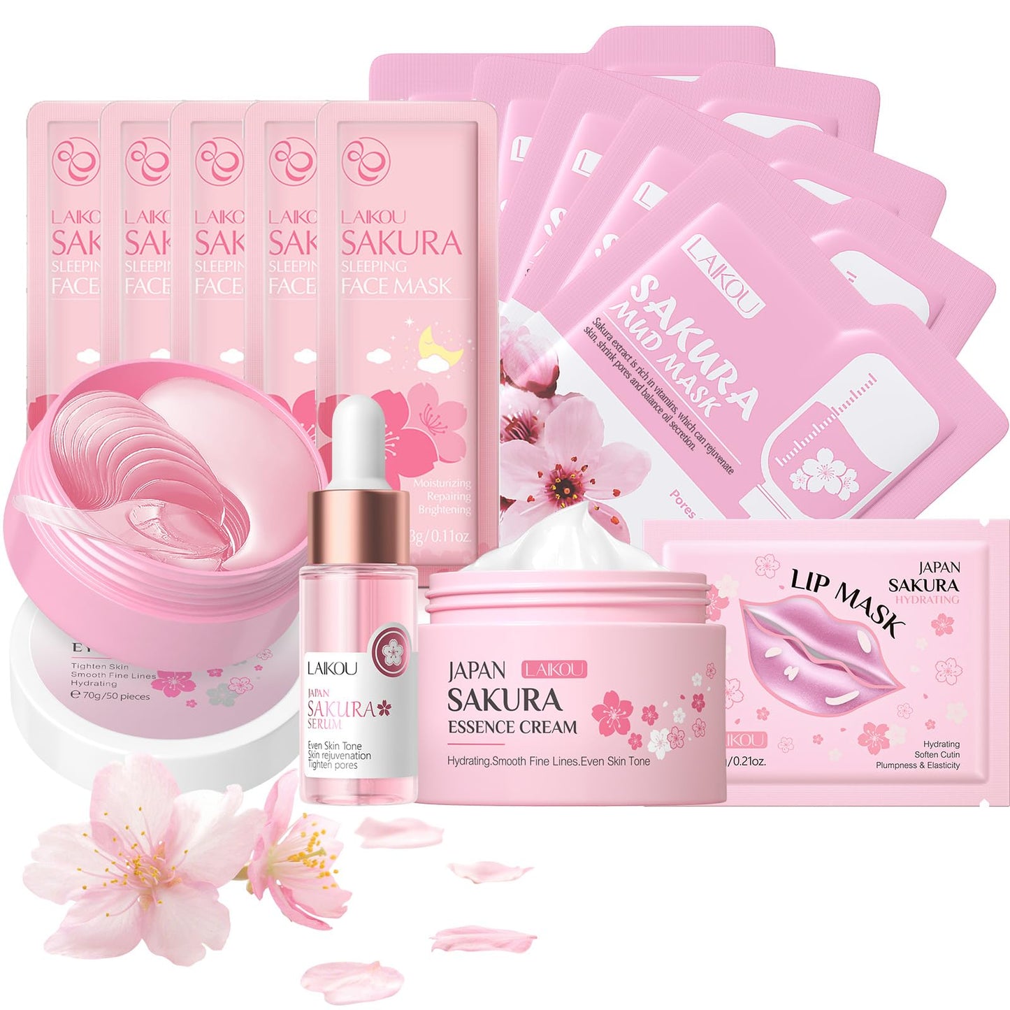 LAIKOU Skin Care for Teenage Girls, Sakura Skincare Set, Pamper Sets for Women Gifts, Facial Skin Care Sets & Kits - Face Serum, Face Cream, Sleep Mask, Eye Mask, Mud Mask, Lip Mask, 14PCS