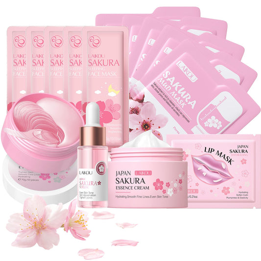 LAIKOU Skin Care for Teenage Girls, Sakura Skincare Set, Pamper Sets for Women Gifts, Facial Skin Care Sets & Kits - Face Serum, Face Cream, Sleep Mask, Eye Mask, Mud Mask, Lip Mask, 14PCS
