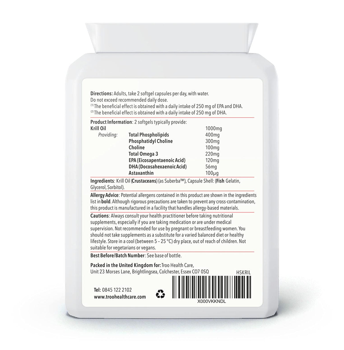Troo Health Care Superba Krill Oil Extract 500 mg - 60 Soft Gel Easy Swallow Capsules – Sustainably Eco Harvested from Antarctic Krill with Astaxanthin - Manufactured to GMP Standards
