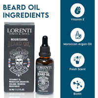 Lorenti Premium Beard Oil 100% Natural Beard Conditioner & Organic Moroccan Argan | Vitamin E Beard Oils Helps Volume, Moisturize & Nourish Beard Growth 1.69 Fl Oz (50ml)