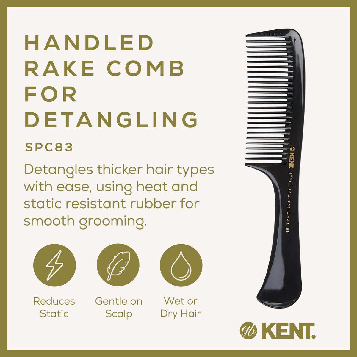 KENT Kent Brushes Handled Rake Comb SPC83 - Wide-Tooth Detangling Comb for Wet or Dry Hair, Strong Moulded Rubber with Easy-Grip Handle for Gentle, Tangle-Free Styling