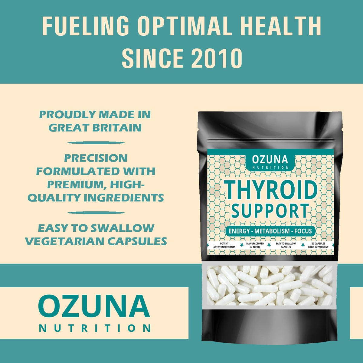 OZUNA NUTRITION Thyroid Support Supplement - 60 Vegetarian Capsules - with Myo inositol, L-Tyrosine & Natural Iodine from Kelp - Energy & Focus Formula - UK Made - 1 Month Supply