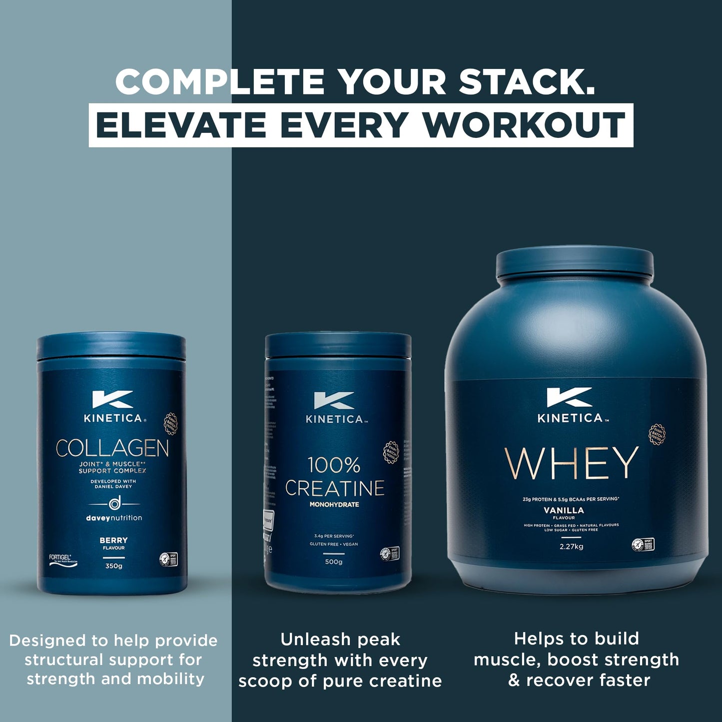 Kinetica Sports Collagen Powder - Berry Flavour | 350g | 5g FORTIGEL Bovine Collagen/Serve, 320mg Vitamin C, 5μg Vitamin D, 100mg Hyaluronic Acid & 500mg Glucosamine Sulphate | Joint & Muscle Support