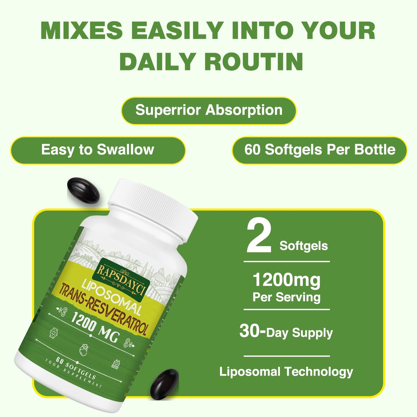 Rapsdayci Liposomal Trans-Resveratrol 1200mg, 98% Pure Formula, High Absorption Antioxidant Supplement, 60 Softgels, Supports Heart and Skin Health