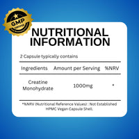 Nutrition Kings Creatine Monohydrate 1000mg – 60 Vegan Capsules – Muscle Growth, Strength, Endurance, Workout Recovery – Vegan Supplement