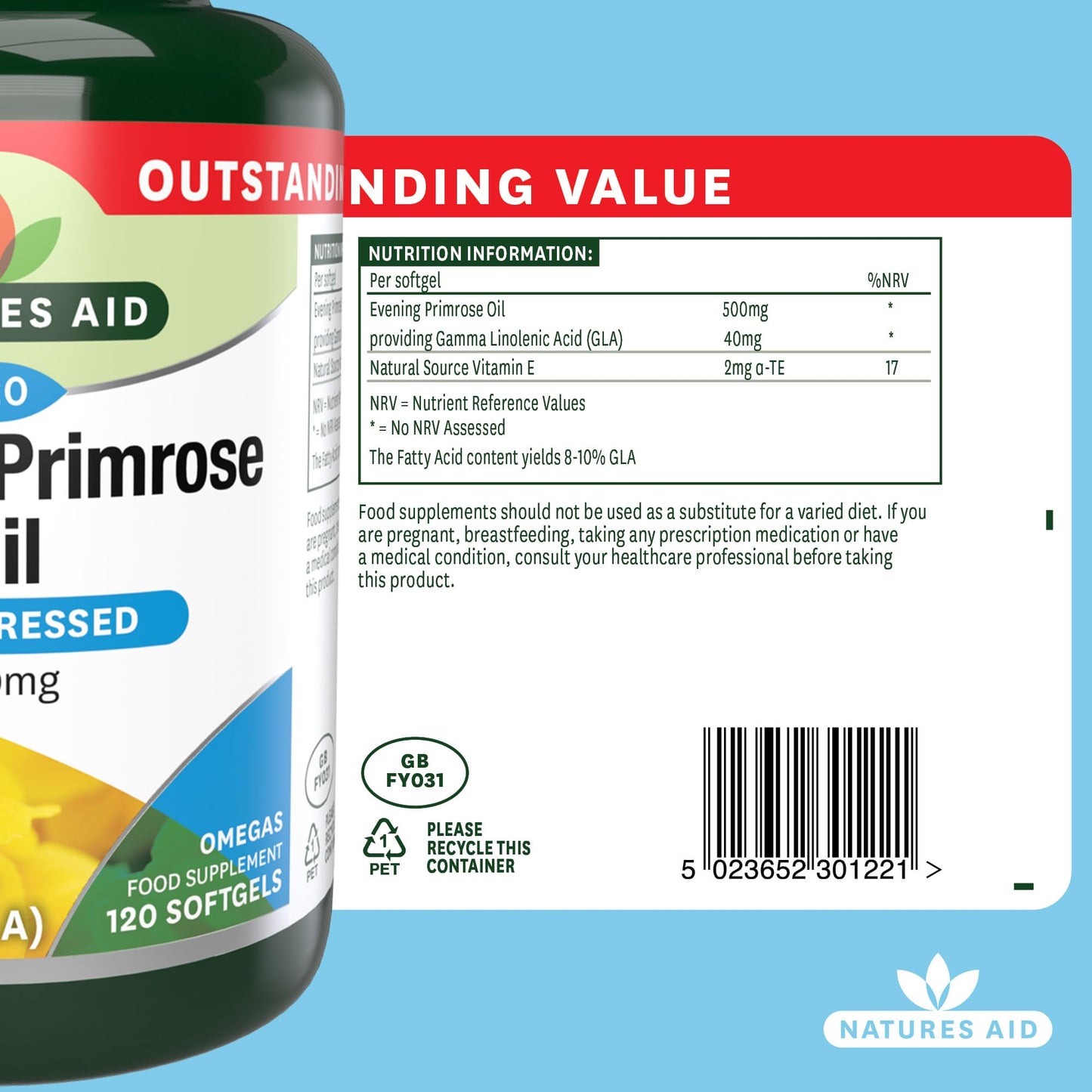 Natures Aid Evening Primrose Oil 500mg – Cold Pressed Omega-6 GLA – Supports Hormonal Balance, Skin Health & Anti-Inflammatory Function – Non-GMO, Gluten-Free – 120 Softgels
