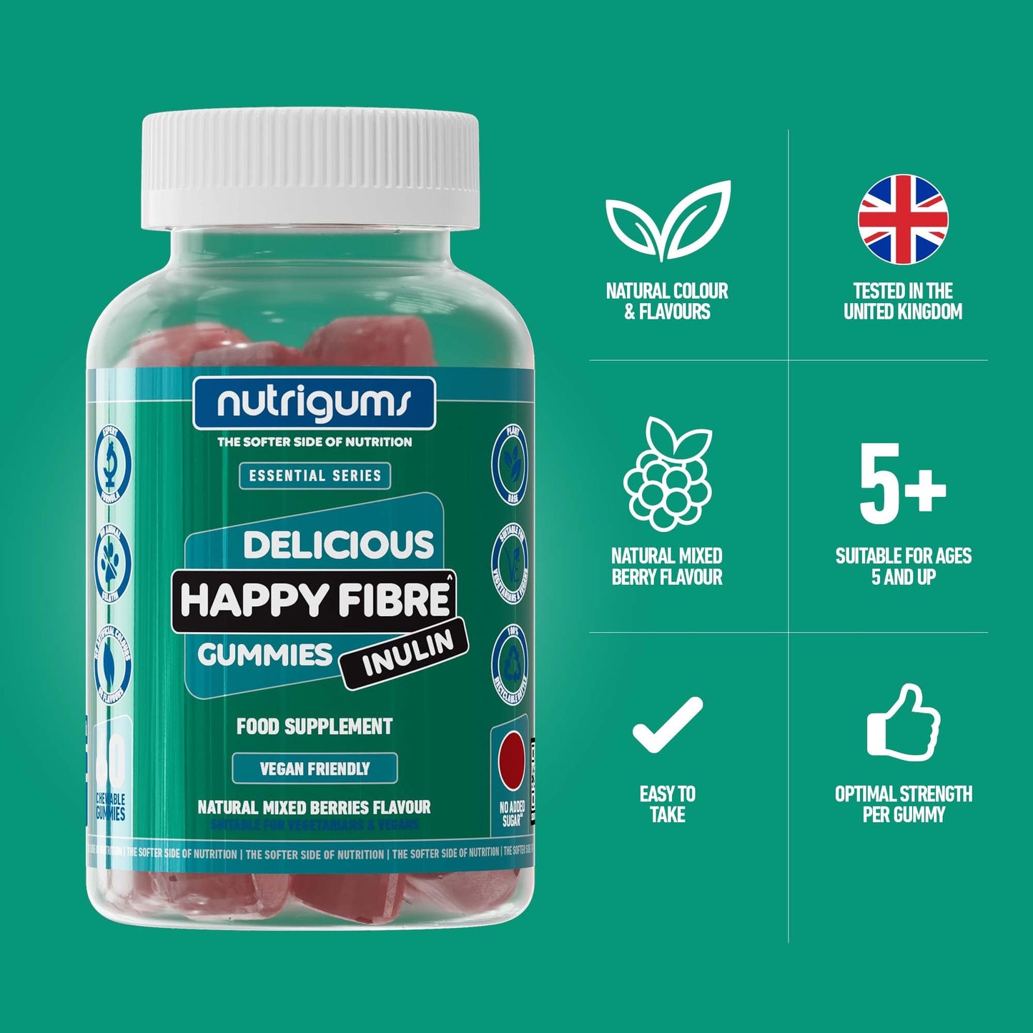 Nutrigums Happy Fibre (Inulin) Chicory Root Prebiotic Gummy | 3.8g Fibre | Mixed Berry Flavour | 60 Vegan Gummies | No Added Sugar | Gut Health and Digestive System Support by NUTRIGUMS®