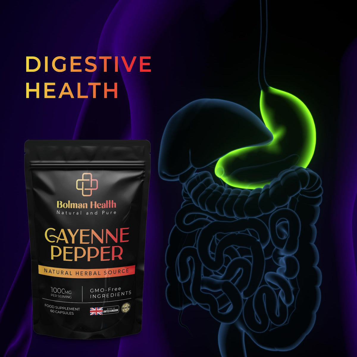 Bolman Health Cayenne Pepper Capsules | 1000mg Per Serving | 60 Vegan HPMC Capsules | Supports Digestion, Circulation & Metabolism | Natural Herbal Source | Non-GMO, Gluten-Free | Made in The UK