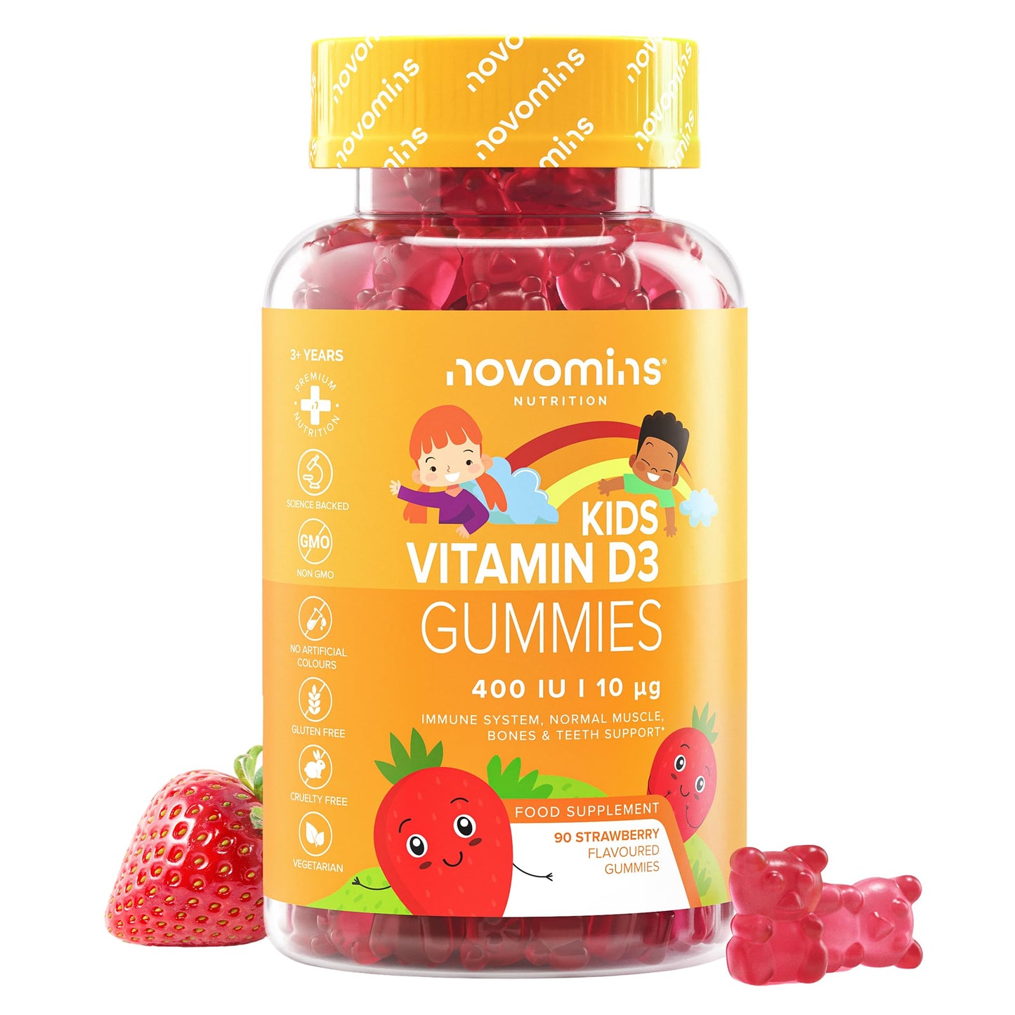 novomins Kids Vitamin D Gummies - 3 Month Supply - 400 IU Vitamin D3 - Alternative to Vitamin D3 Tablets & Spray - Gluten-Free Kids Vitamins for Bones & Teeth - Novomins