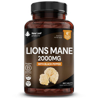 NEW LEAF PRODUCTS Lions Mane Mushroom 2000mg - 365 High Strength Vegan Tablets - Lion's Mane Supplement with Black Pepper - Lion's Mane Mushrooms Extract (Not Powder or Capsules) Made in The UK by New Leaf Products