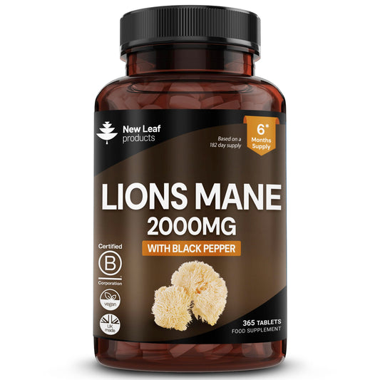 NEW LEAF PRODUCTS Lions Mane Mushroom 2000mg - 365 High Strength Vegan Tablets - Lion's Mane Supplement with Black Pepper - Lion's Mane Mushrooms Extract (Not Powder or Capsules) Made in The UK by New Leaf Products
