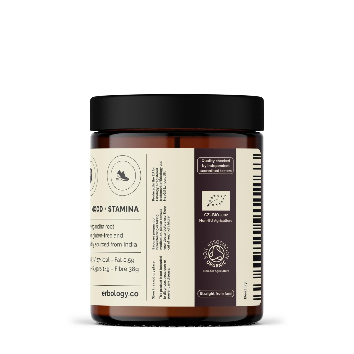 Erbology Organic Ashwagandha Powder 90g - 45 Servings - Sleep Aid - Rich in Withanolides - Sustainably Sourced Straight from Farm in India - Small Batch - Vegan - GMO-Free