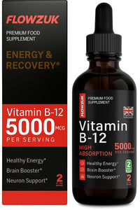 Flowzuk Vitamin B12 Liquid Drops 5000mcg – High Strength Methylcobalamin – Fast Absorbing Vegan B12 Supplement – 60ml Dropper Bottle – Gluten Free, Energy & Wellness Support