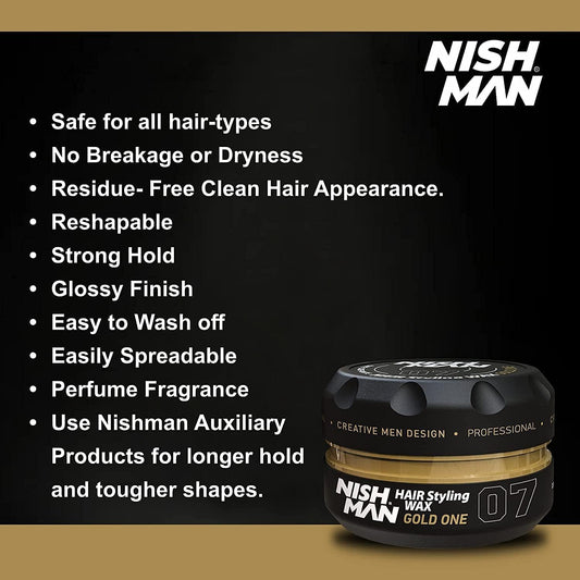 Nishman Hair Styling Wax for Men, 07 Gold One 150 ml | Edge Control | Ultra High Strong Hold | Hair Clay Aqua Wax (2 Pack)