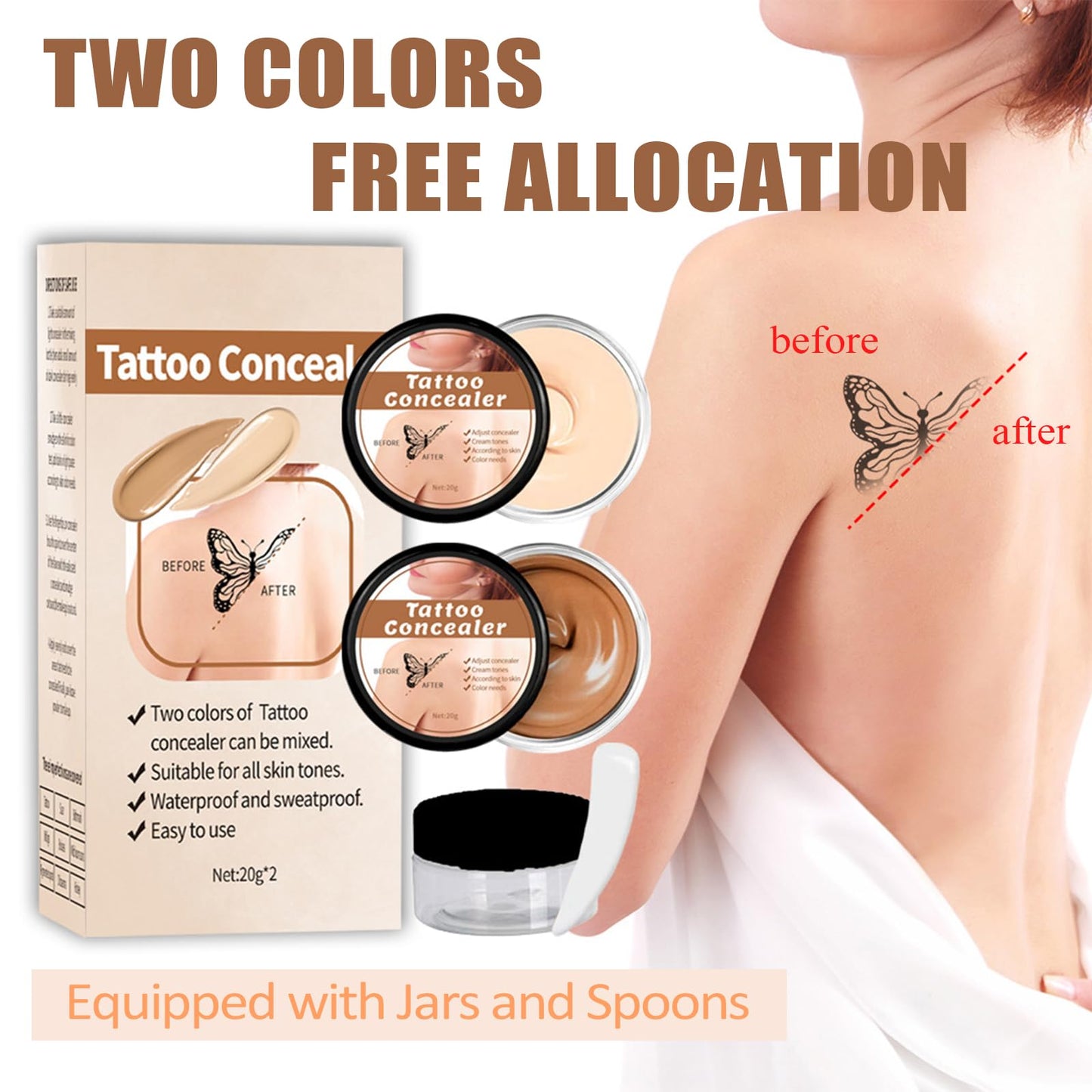 Shengqialun Tattoo Cover Up Makeup, Waterproof Tattoo Cover Up 2pcs, Scar Concealer Waterproof, Body Makeup for Scars Birthmarks, Long-Lasting Smudge-Proof, Portable Concealer Kit (Light & Dark)