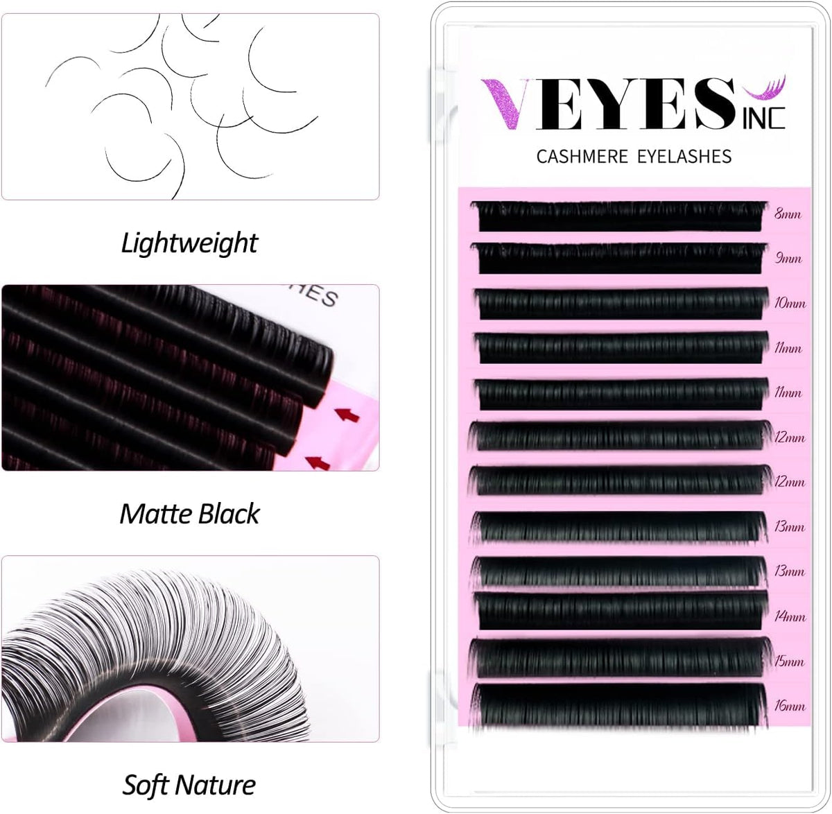 VEYES INC Cashmere Individual Lash Extensions 0.03-0.20 B/C/CC/D/J/M Curl 8-20mm Mixed & Single Length Trays, Matte Black, Professional Supplies for Lash Techs(0.05 B 8-16mm)