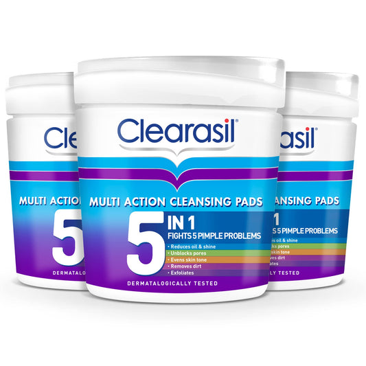 Clearasil 5-In-1 Multi-Action Cleansing Salicylic Acid Pads, Face Exfoliating For Acne Prone Skin, Unblock Pores, Reduces Blackheads, Pimples & Excess Oil, Everyday Spot Prevention, 65 Each x 3