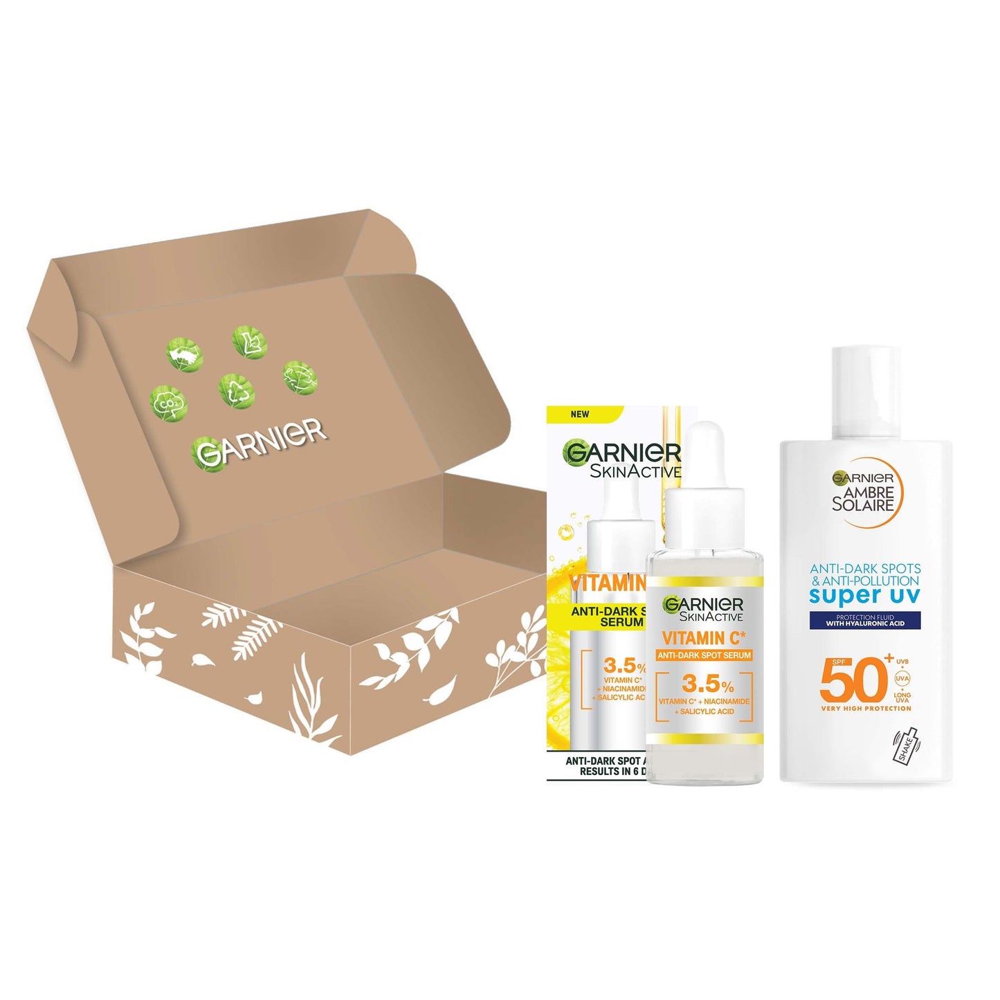 Garnier Brightening and Anti Dark Spot Power Duo,Serum and Moisturiser,Brightening Serum With 3.5 Percent Vitamin C,Niacinamide,Salicylic Acid and Lemon Extract and SPF 50 Face Moisturiser,2 Pieces