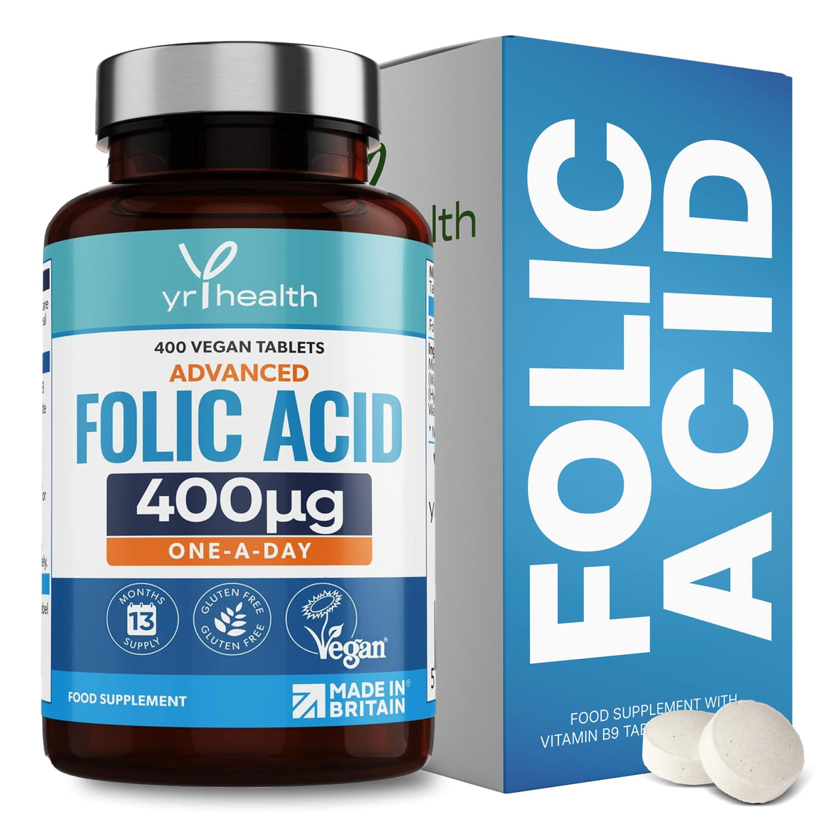 yrhealth Folic Acid 400 mcg Tablets - 400 Vegan Vitamin B9 Tablets for Women, 13 Month Supply, Folic Acid Pregnancy for Normal Function of Immune System and Maternal Tissue Growth - Made in The UK by YrHealth