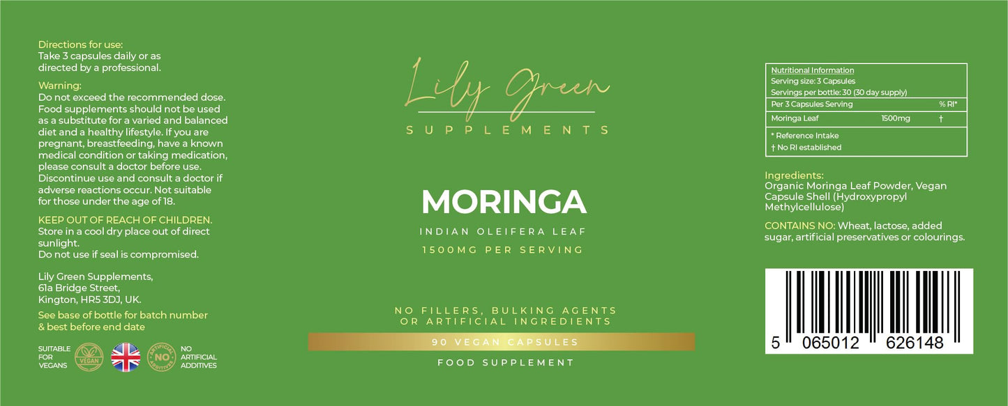 Lily Green | Organic Moringa 1500mg per Serving | 90 Vegan Capsules | Rich in Vitamin C, Calcium, Iron, Potassium & Antioxidants | No Artificial Additives | Made in UK