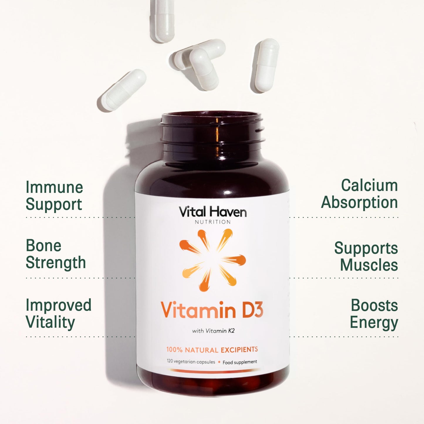 Vital Haven Vitamin D & K Supplement - D3 (4000 IU) + K2 MK7 (125mcg) - Stronger Bones and Immune System - UK Made