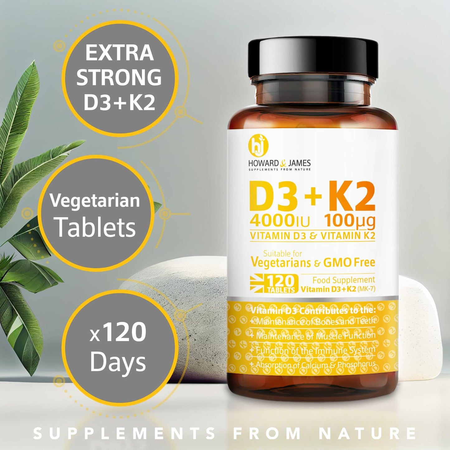 HOWARD & JAMES Vitamin D3 4000iu Plus Vitamin K2 100ug 120 High Strength Vegetarian Tablets