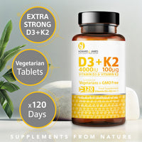 HOWARD & JAMES Vitamin D3 4000iu Plus Vitamin K2 100ug 120 High Strength Vegetarian Tablets