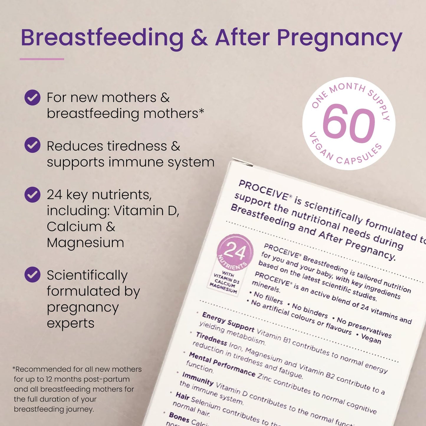 Proceive® Breastfeeding Supplement - Multivitamin for Women Post Pregnancy/Postnatal/Postpartum Vitamins for New Mums After Childbirth, 60 Capsules - Vegan