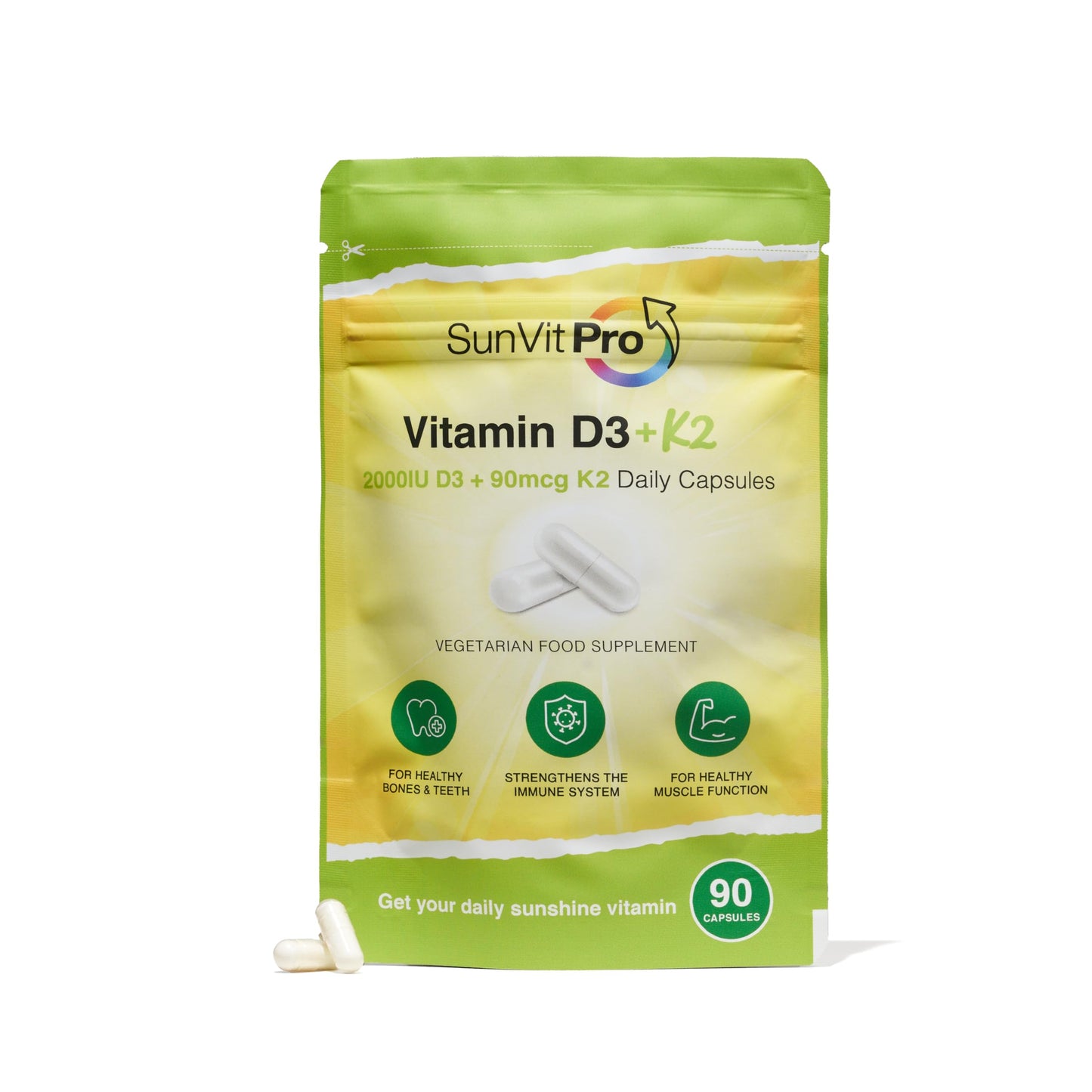 SunVit-Pro Sunvit-Pro Vitamin D 2000iu and Vitamin K2 MK7 90mcg Capsules - Vitamin D3 k2 High Strength Vegetarian and UK Manufactured - Support the Maintenance of Bone, Teeth, Muscle & Immune System, 90 Capsules