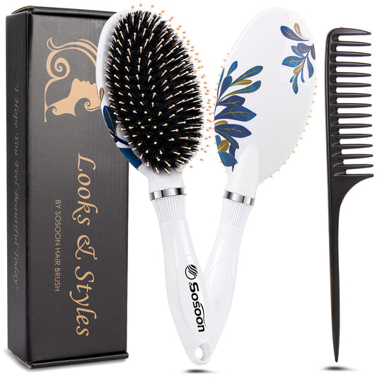 Sosoon Hair Brush, Boar Bristle Paddle Hairbrush for Long, Thick, Curly, Wavy, Dry or Damaged Hair, Reducing Hair Breakage and Frizzy, No More Tangle
