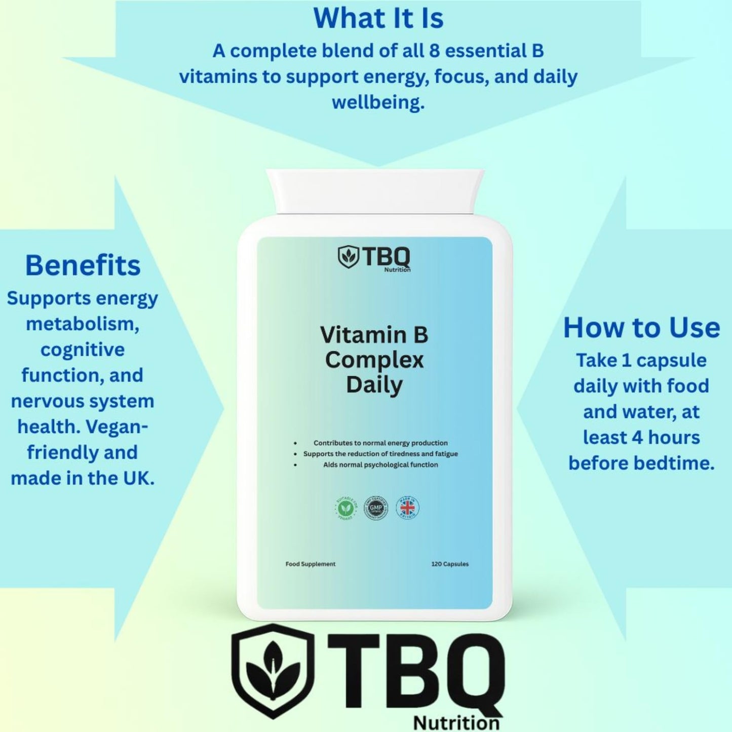TBQ Nutrition Vitamin B Complex – 120 Vegan Capsules | Full Daily Dose of B1, B2, B3, B5, B6, B7, B9, B12 + PABA | Energy, Nerve, Immune & Metabolism Support | UK-Made Supplement