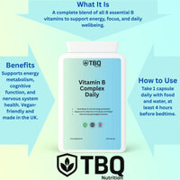 TBQ Nutrition Vitamin B Complex – 120 Vegan Capsules | Full Daily Dose of B1, B2, B3, B5, B6, B7, B9, B12 + PABA | Energy, Nerve, Immune & Metabolism Support | UK-Made Supplement