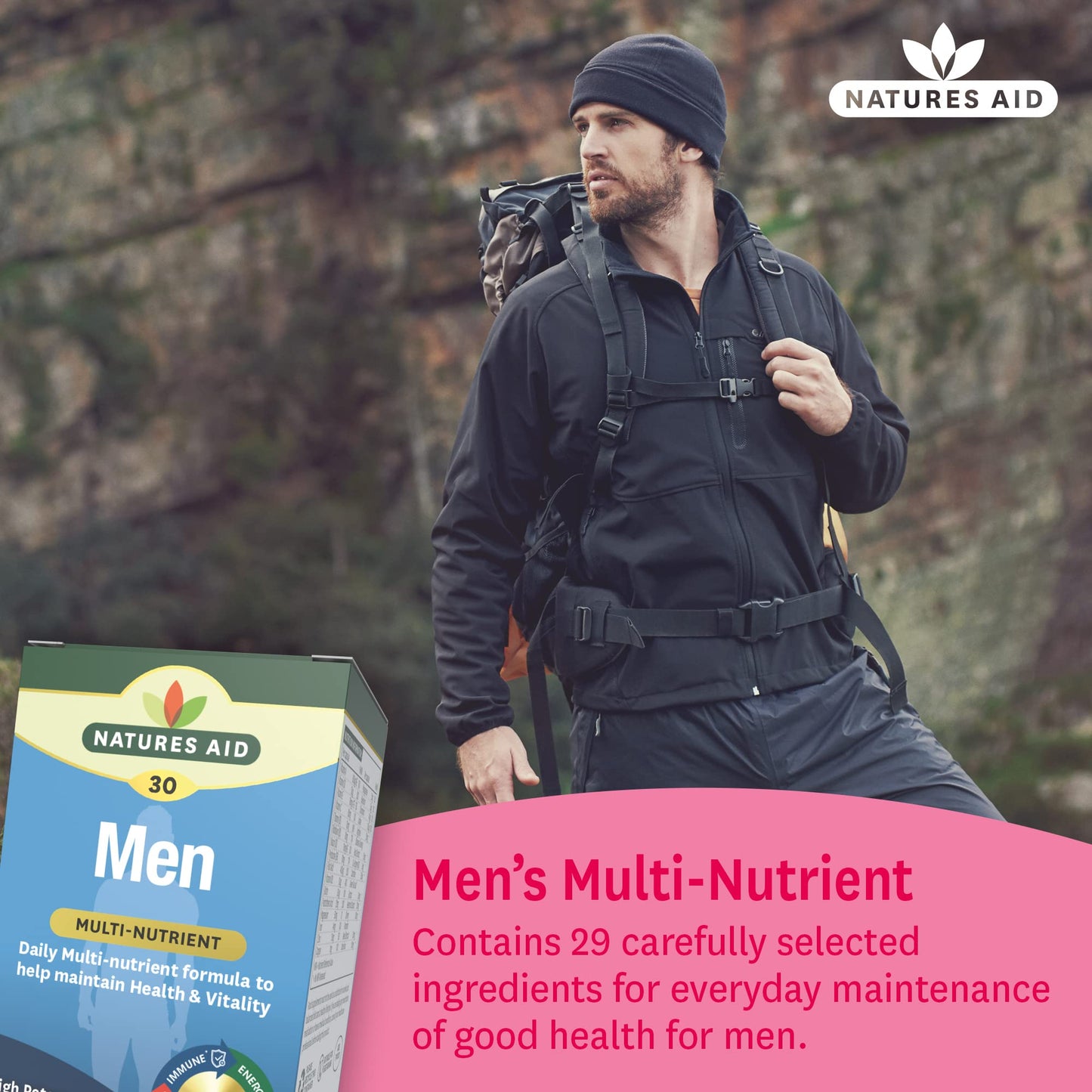 Natures Aid Men's Multi-Vitamins and Minerals Capsules (29 Essential Vitamins and Minerals + Superfood Complex, 30 Capsules, Suitable for Vegetarians, Made in the UK)