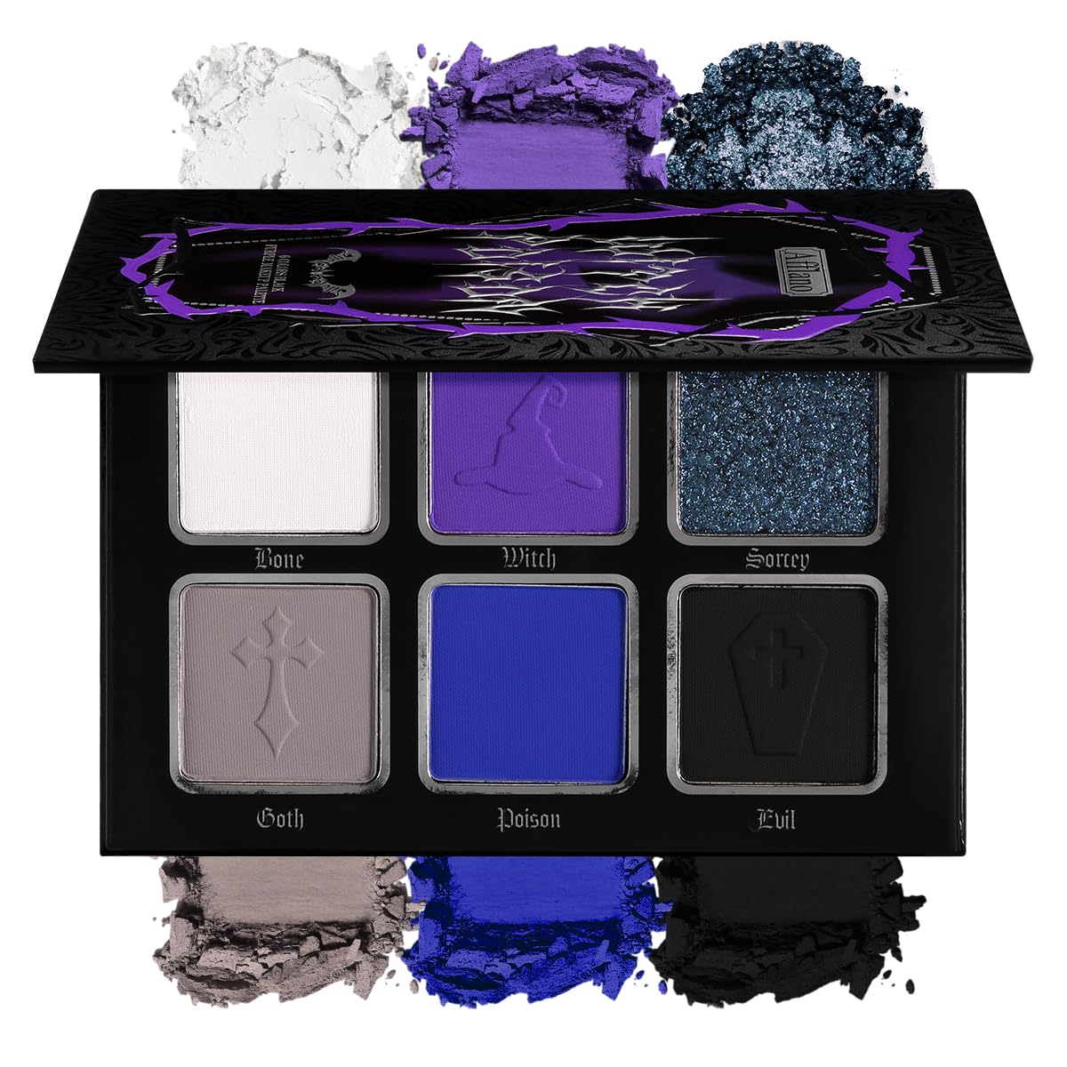 Afflano Goth Eyeshadow Palette Purple Blue, Multichrome Chrome Blue Purple Matte Black White Grey Dark Eye Shade, Gothic Halloween Makeup Eye Shadow Pallet for Costume Joker Clown Cosplay SFX Makeup